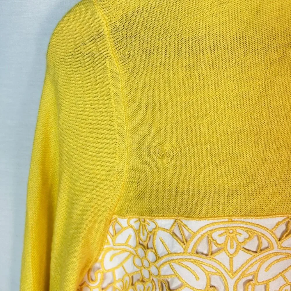 Tory Burch Womens Yellow Merino Wool Embroidered White Collared LS Sweater Sz M